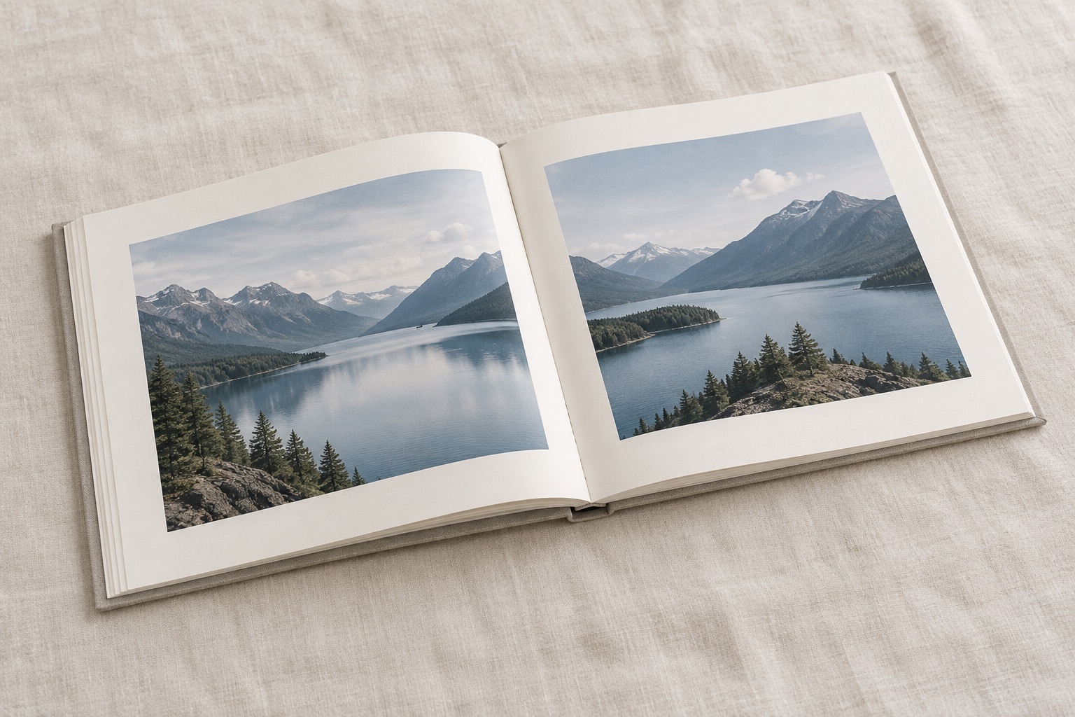 An open family photo album with two mountain photographs